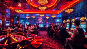 A thrilling casino scene highlighting 안전놀이터 features with players at tables amidst vibrant slot machines.