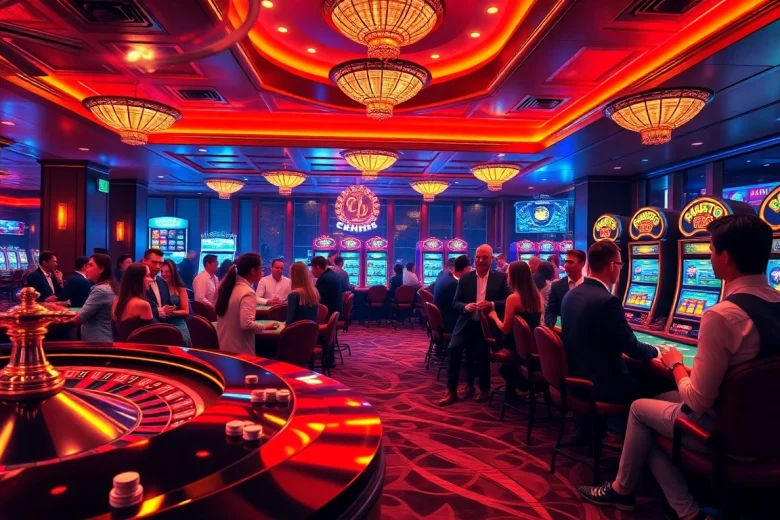 A thrilling casino scene highlighting 안전놀이터 features with players at tables amidst vibrant slot machines.