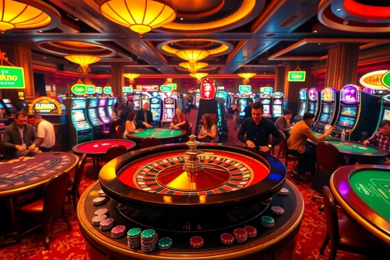 A vibrant scene showcasing 안전놀이터 with players at roulette tables, emphasizing a safe and exciting gambling experience.