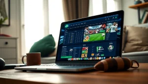 Explore the online sports betting experience on onc55-k8a.com with a vibrant laptop scene highlighting various sporting events.