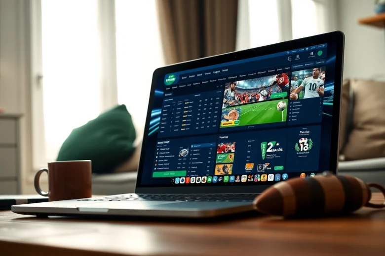 Explore the online sports betting experience on onc55-k8a.com with a vibrant laptop scene highlighting various sporting events.