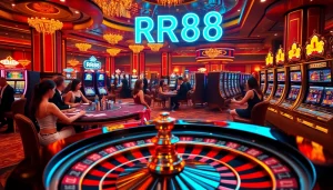 Experience the thrill of RR88 with players enjoying poker and slots in a lively casino atmosphere.