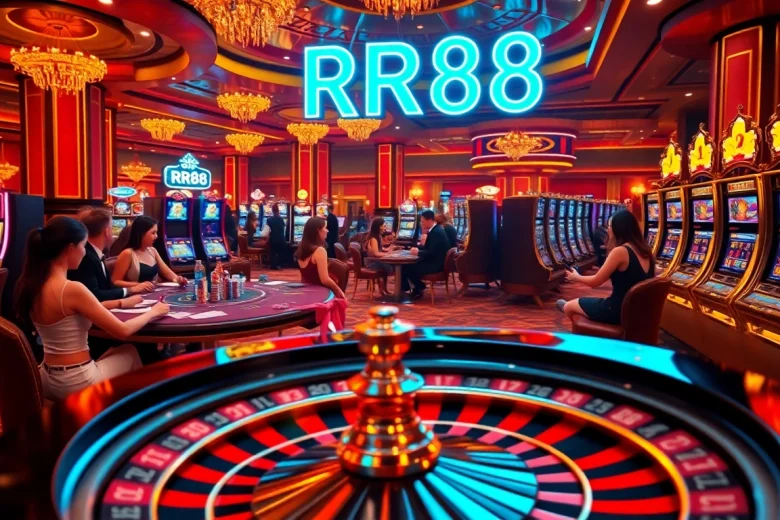 Experience the thrill of RR88 with players enjoying poker and slots in a lively casino atmosphere.