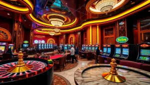 Bong da lu fun enhances the gaming experience at a vibrant casino filled with poker tables, lively players, and spinning slot machines.