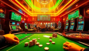 Experience the thrill of baccarat and slots with bong da lu fun in a lively casino atmosphere, featuring vibrant tables and chips.