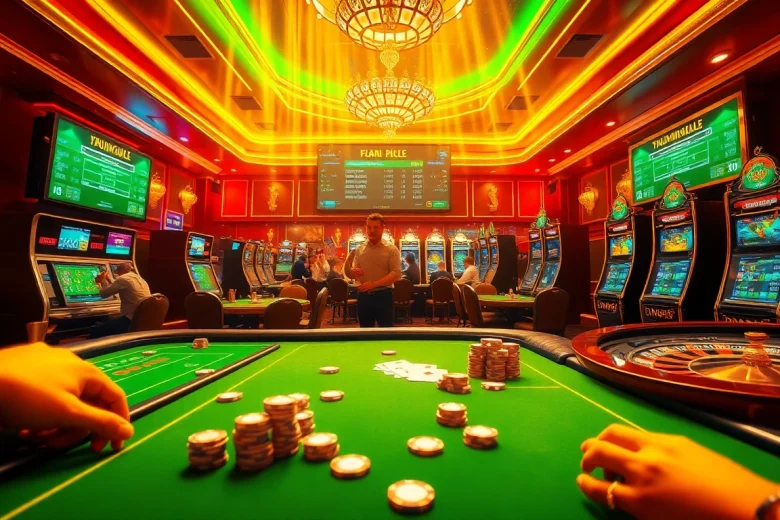 Experience the thrill of baccarat and slots with bong da lu fun in a lively casino atmosphere, featuring vibrant tables and chips.