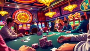 Experience the thrill of high-stakes poker at a top nhà cái uy tín casino, showcasing players in action with vibrant chips and cards.