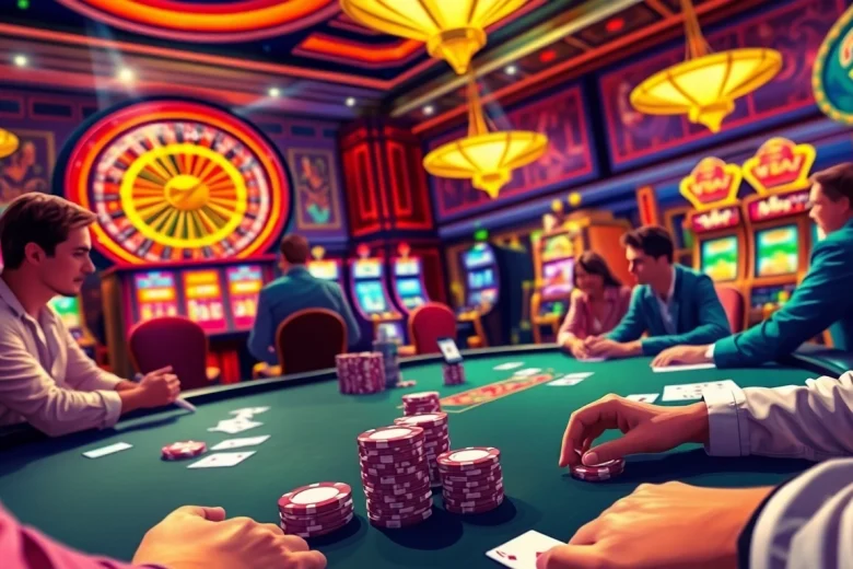 Experience the thrill of high-stakes poker at a top nhà cái uy tín casino, showcasing players in action with vibrant chips and cards.