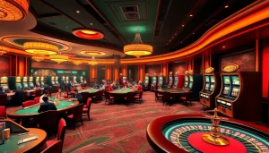 Experience the thrill of thương hiệu F168 at an exciting casino setting featuring poker tables and vibrant slot machines.