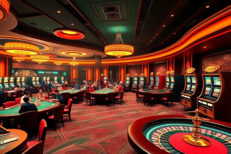 Experience the thrill of thương hiệu F168 at an exciting casino setting featuring poker tables and vibrant slot machines.