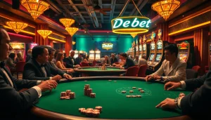 Debet offers an exhilarating casino experience with vibrant tables and players enjoying poker.