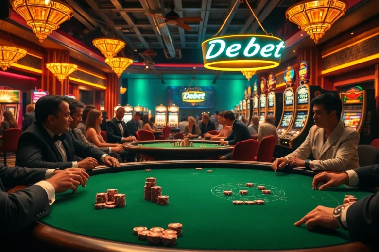 Debet offers an exhilarating casino experience with vibrant tables and players enjoying poker.