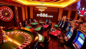 Exciting casino scene showcasing lively gambling action and the website https://rr88e2.com/ prominently featured amidst spinning roulette wheels and engaging poker tables.