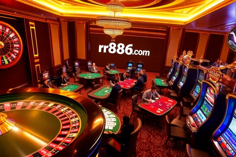 Exciting casino scene showcasing lively gambling action and the website https://rr88e2.com/ prominently featured amidst spinning roulette wheels and engaging poker tables.