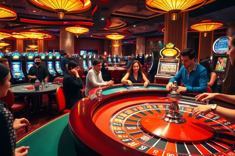Experience the thrill of deneme bonusu veren siteler with vibrant casino activities like roulette, poker tables, and slot machines.
