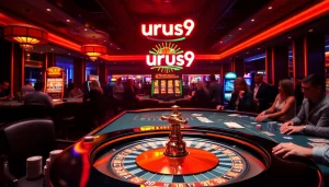 Players enjoy a thrilling game at the urus9 casino with vibrant colors and high-stakes action on the roulette wheel.