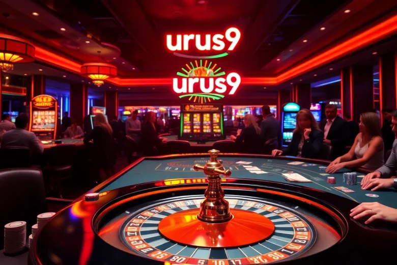 Players enjoy a thrilling game at the urus9 casino with vibrant colors and high-stakes action on the roulette wheel.