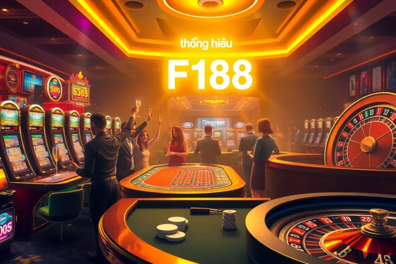 Experience excitement at thương hiệu F168 casino, with vibrant slot machines and joyous players at blackjack tables.