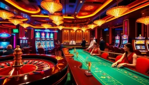 Experience the thrill of game bài v9bet with players enjoying casino tables and vibrant slot machines.