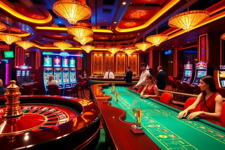 Experience the thrill of game bài v9bet with players enjoying casino tables and vibrant slot machines.