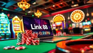 Experience the excitement of Link 68 game bài with vibrant casino scenes, featuring poker chips, slot machines, and roulette wheels.