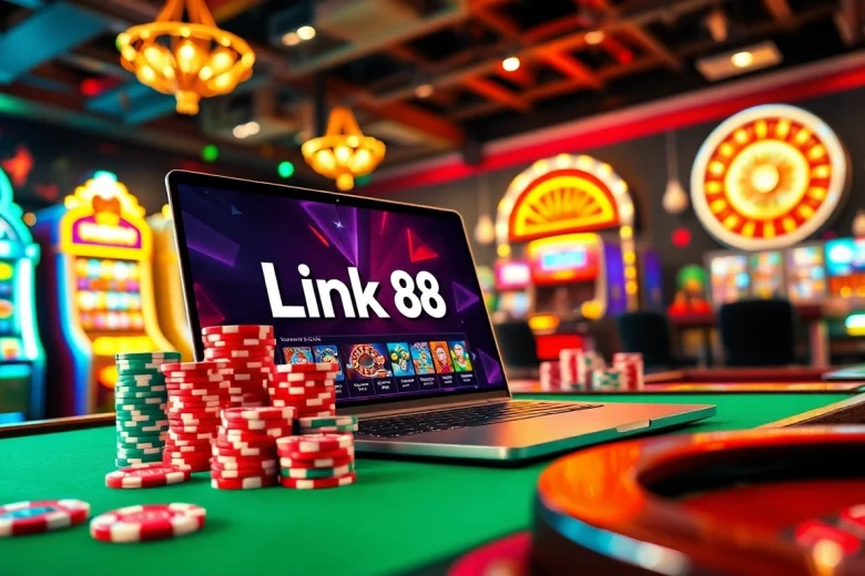 Experience the excitement of Link 68 game bài with vibrant casino scenes, featuring poker chips, slot machines, and roulette wheels.