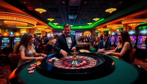 Experience the thrill of the 123B casino with players enjoying roulette and slot machines.