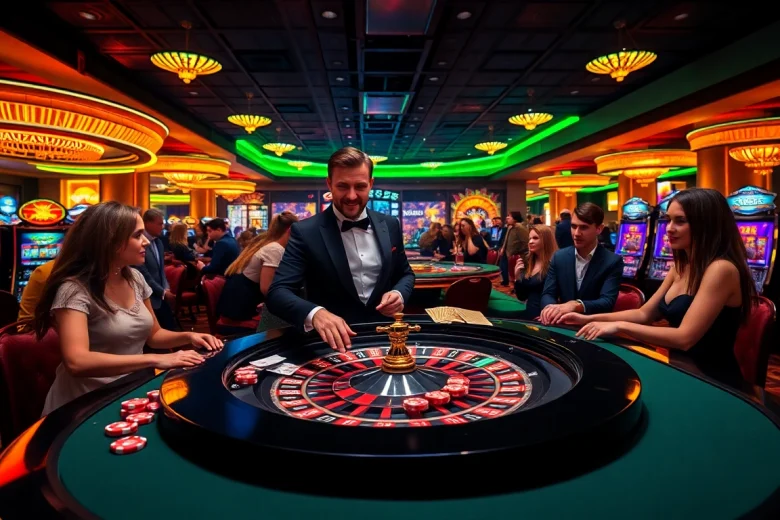 Experience the thrill of the 123B casino with players enjoying roulette and slot machines.