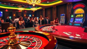 Experience the thrill of j88 nổ hũ with players celebrating wins at a lively casino.