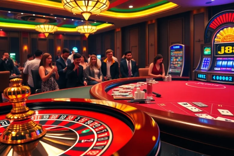 Experience the thrill of j88 nổ hũ with players celebrating wins at a lively casino.