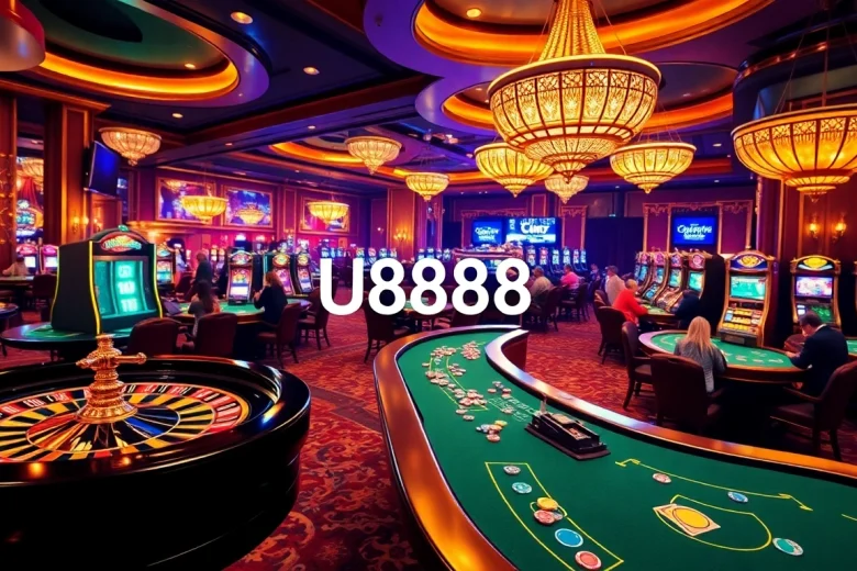 Experience the thrill of U8888 at a lively casino with poker games, roulette, and vibrant slot machines.