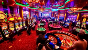 Exciting gaming scene at 123B casino with vibrant slot machines and players at tables.