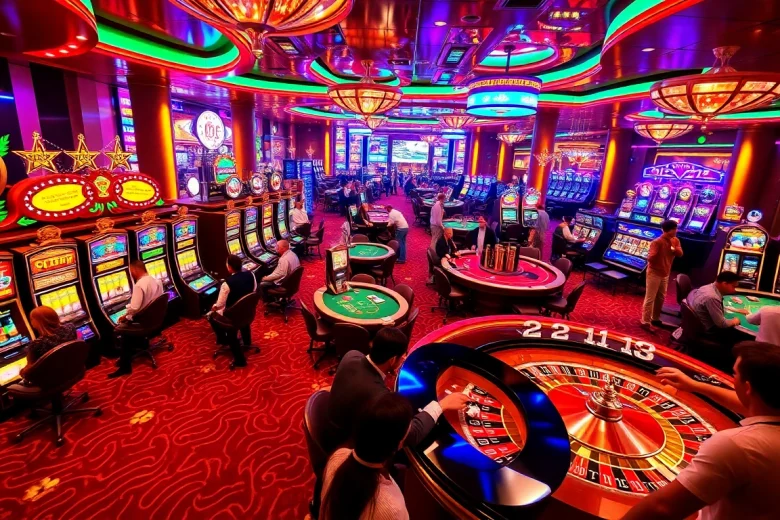 Exciting gaming scene at 123B casino with vibrant slot machines and players at tables.