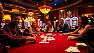 Experience the thrill of game bài đổi thưởng with lively players at a luxury casino table, surrounded by poker chips and excitement.