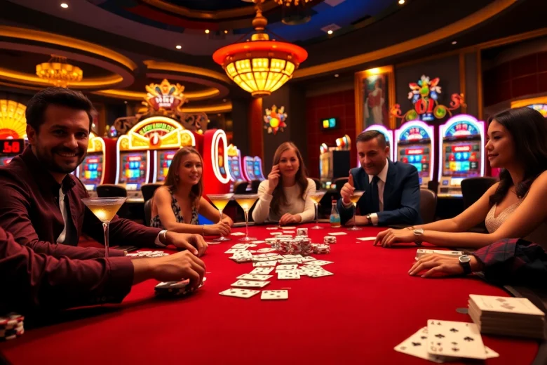 Experience the thrill of game bài đổi thưởng with lively players at a luxury casino table, surrounded by poker chips and excitement.