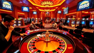 RR88 offers an exhilarating casino experience featuring vibrant gaming tables and roulette wheels.