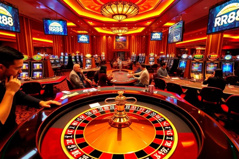 RR88 offers an exhilarating casino experience featuring vibrant gaming tables and roulette wheels.