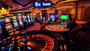 Experience the thrill of 8x bet at a bustling casino with players enjoying various games.