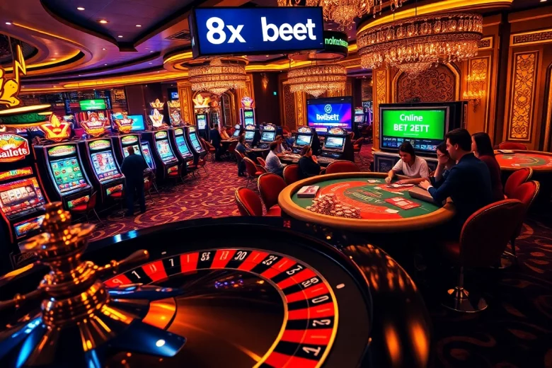 Experience the thrill of 8x bet at a bustling casino with players enjoying various games.