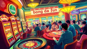 Experience the thrill of bong da lu fun with players enjoying poker and roulette action in a vibrant casino atmosphere.