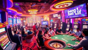 Experience excitement with "bong da lu fun" as players enjoy vibrant casino games, from slots to roulette tables.