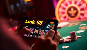 Engaging with the Link 68 game bài on a device amidst vibrant casino elements like chips and cards, sparking excitement.