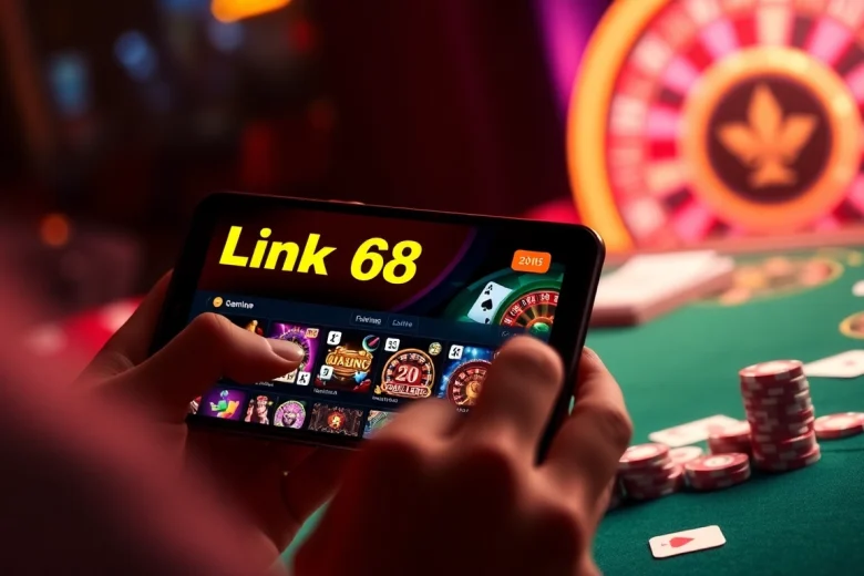 Engaging with the Link 68 game bài on a device amidst vibrant casino elements like chips and cards, sparking excitement.