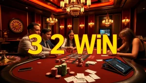 32 Win manifests in a vibrant casino setting where players delight in poker, symbolizing luck and strategy.