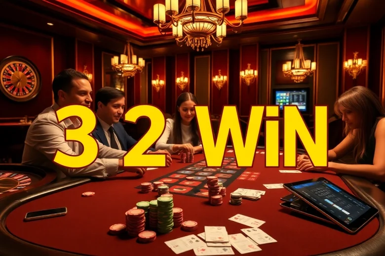32 Win manifests in a vibrant casino setting where players delight in poker, symbolizing luck and strategy.