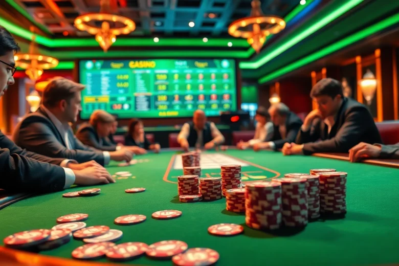 Experience the excitement of bong da lu fun with players at a stylish poker table in an upscale casino.