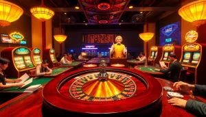The kèo nhà cái experience comes alive as excited players engage in exhilarating casino activities with roulette wheels and vibrant slot machines.