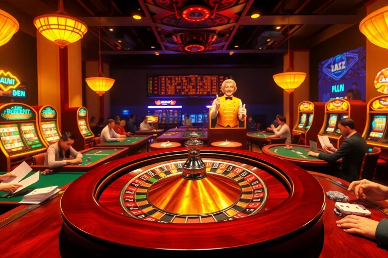 The kèo nhà cái experience comes alive as excited players engage in exhilarating casino activities with roulette wheels and vibrant slot machines.
