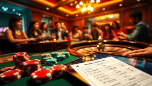 Experience the thrill of gambling at featuring poker players, vibrant chips, and a roulette wheel.