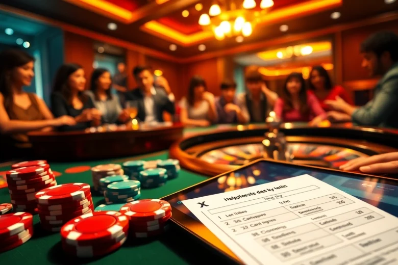 Experience the thrill of gambling at featuring poker players, vibrant chips, and a roulette wheel.